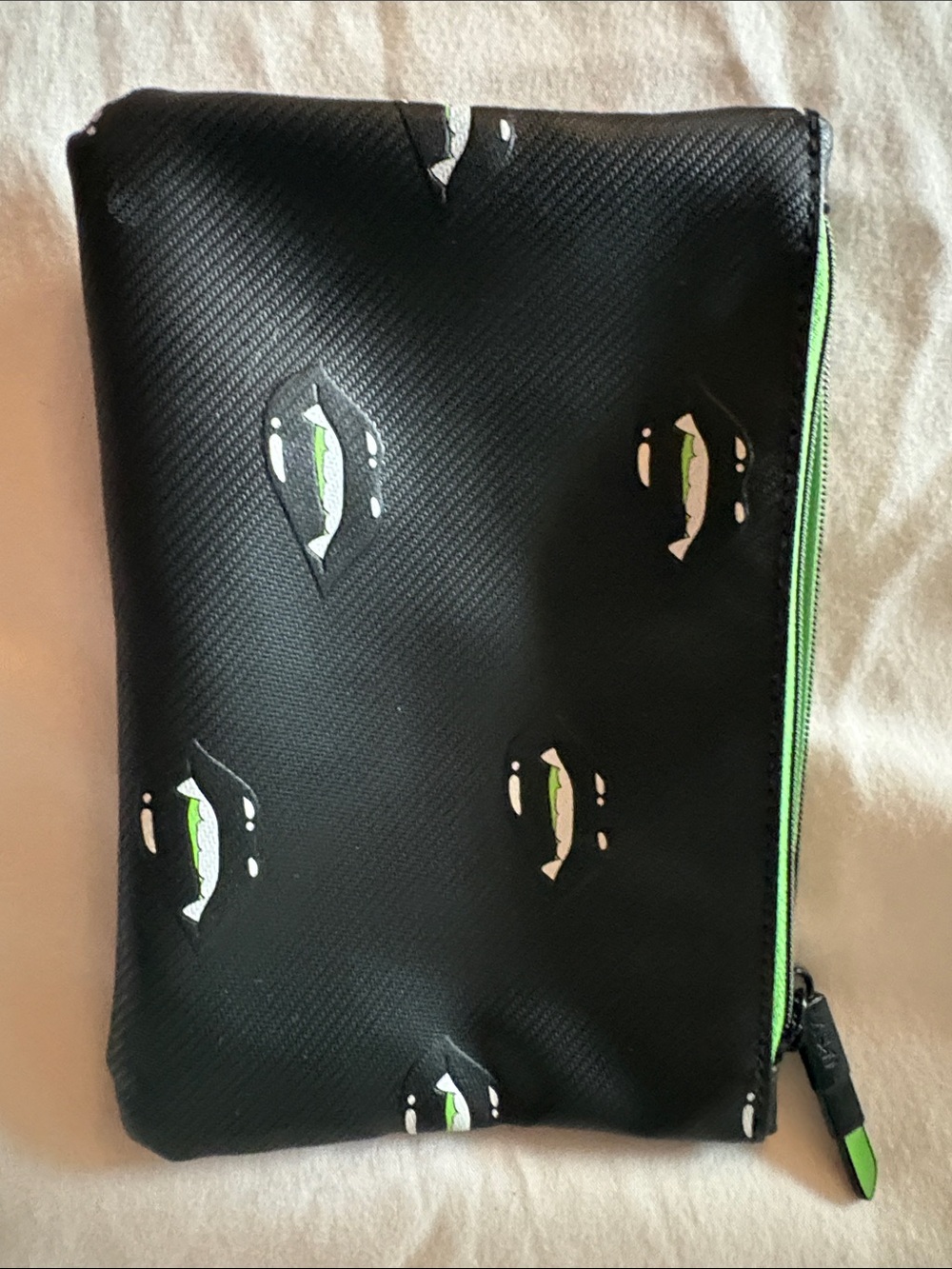 ipsy Black Wallet Pouch with Neon Green Trim and Zipper Pull